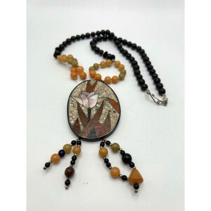 Vintage Tulip Inlay Pendant Black Brown Beaded Necklace‎